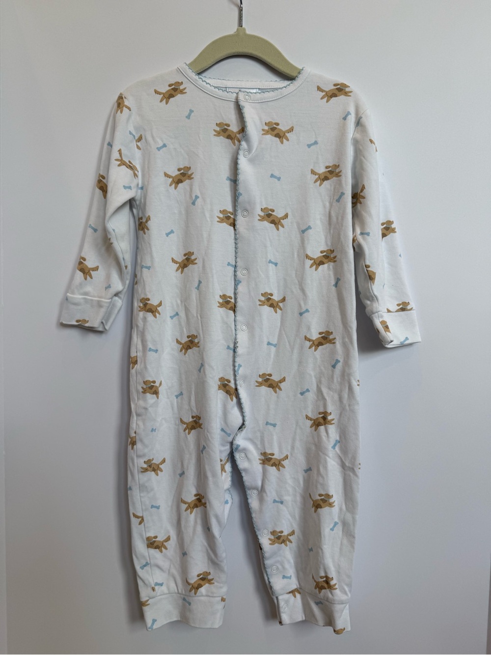 Little English White Baby Footless Pajamas with Puppy Print and Light Blue Trim